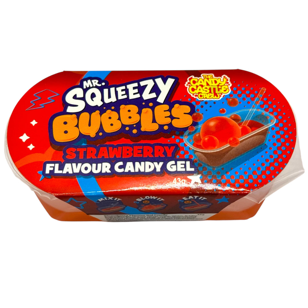 Mr. Squeezy Bubbles Strawberry Flavour Candy Gel packaging on a white background