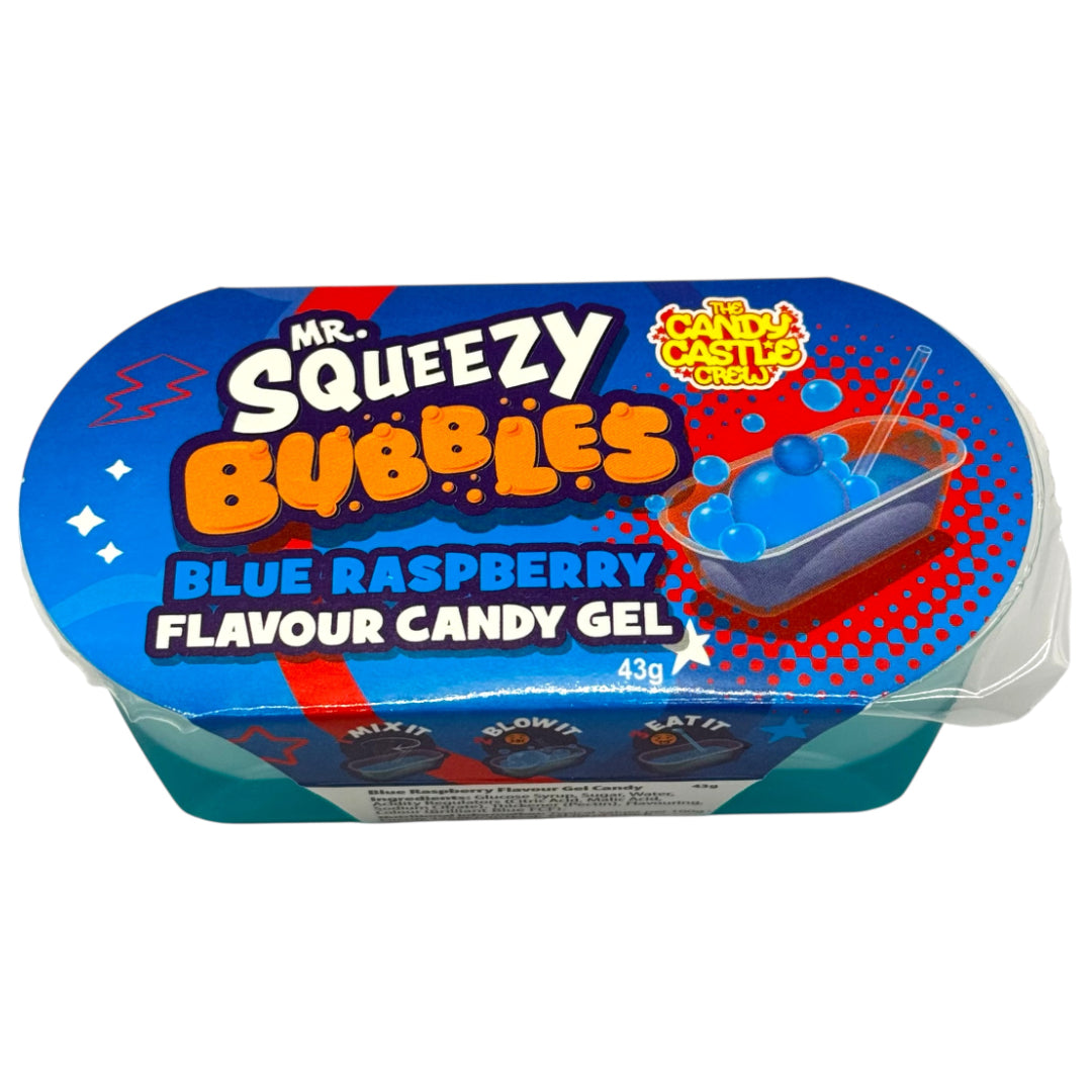 Mr. Squeezy Bubbles Blue Raspberry Flavour Candy Gel packaging on a white background