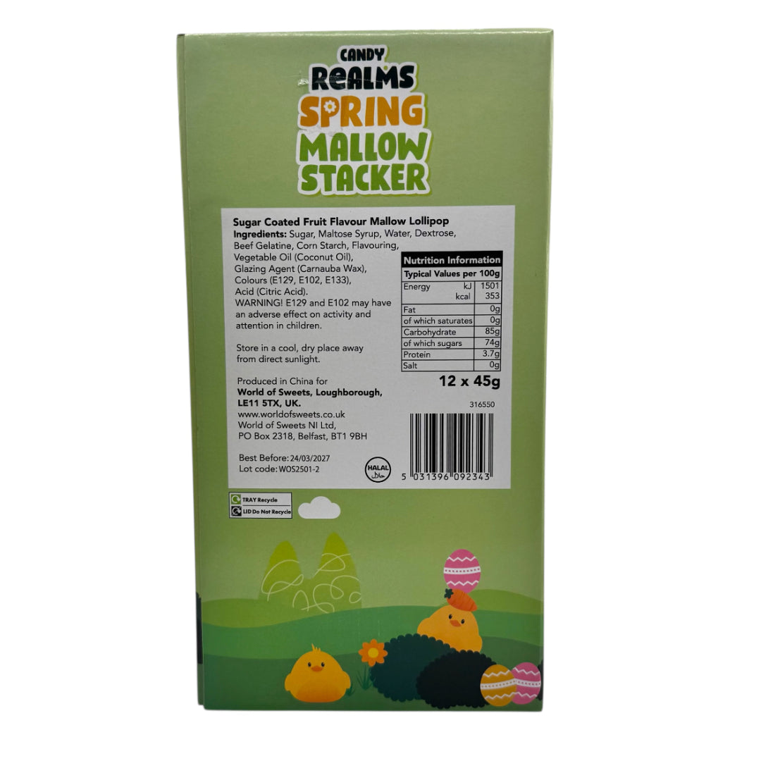 Back of a candy box labeled 'Realms Spring Mallow Stacker' with Easter-themed illustrations.