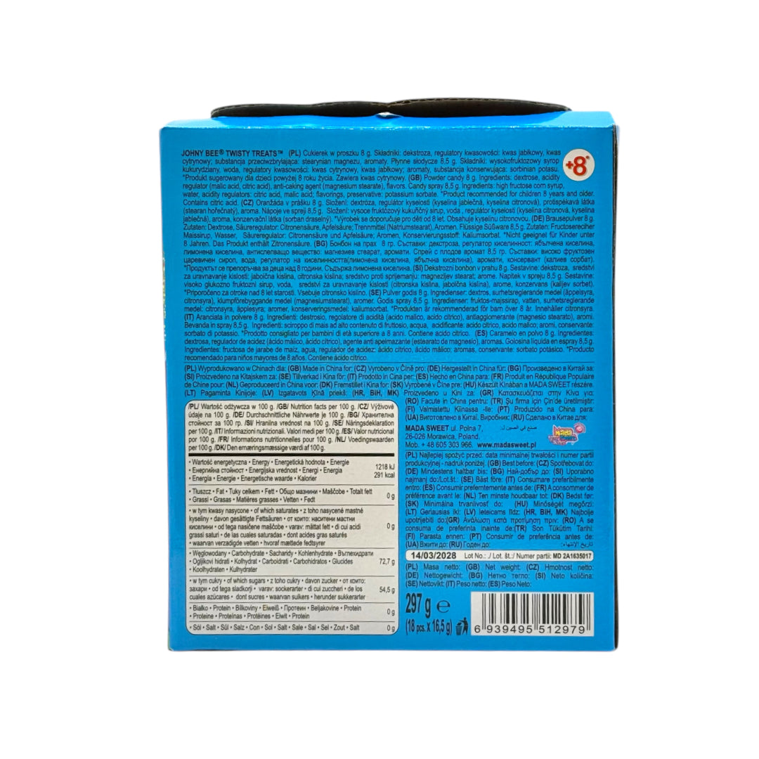 Back view of a blue product packaging with text and a barcode on a white background