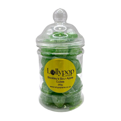 Stockley's Sour Apple Cubes Victorian Jar 250g on white background