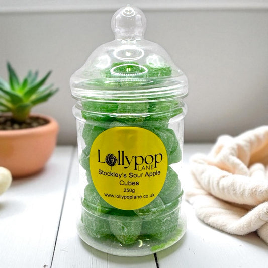 Stockley's Sour Apple Cubes Victorian Jar 250g with personalised label