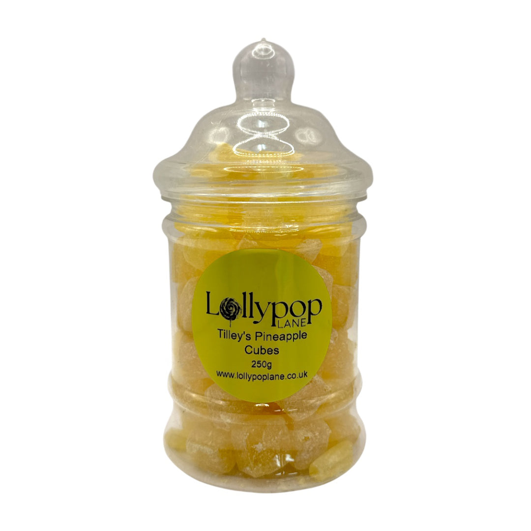 Tilley's Pineapple Cubes Victorian Jar 250g on a white background