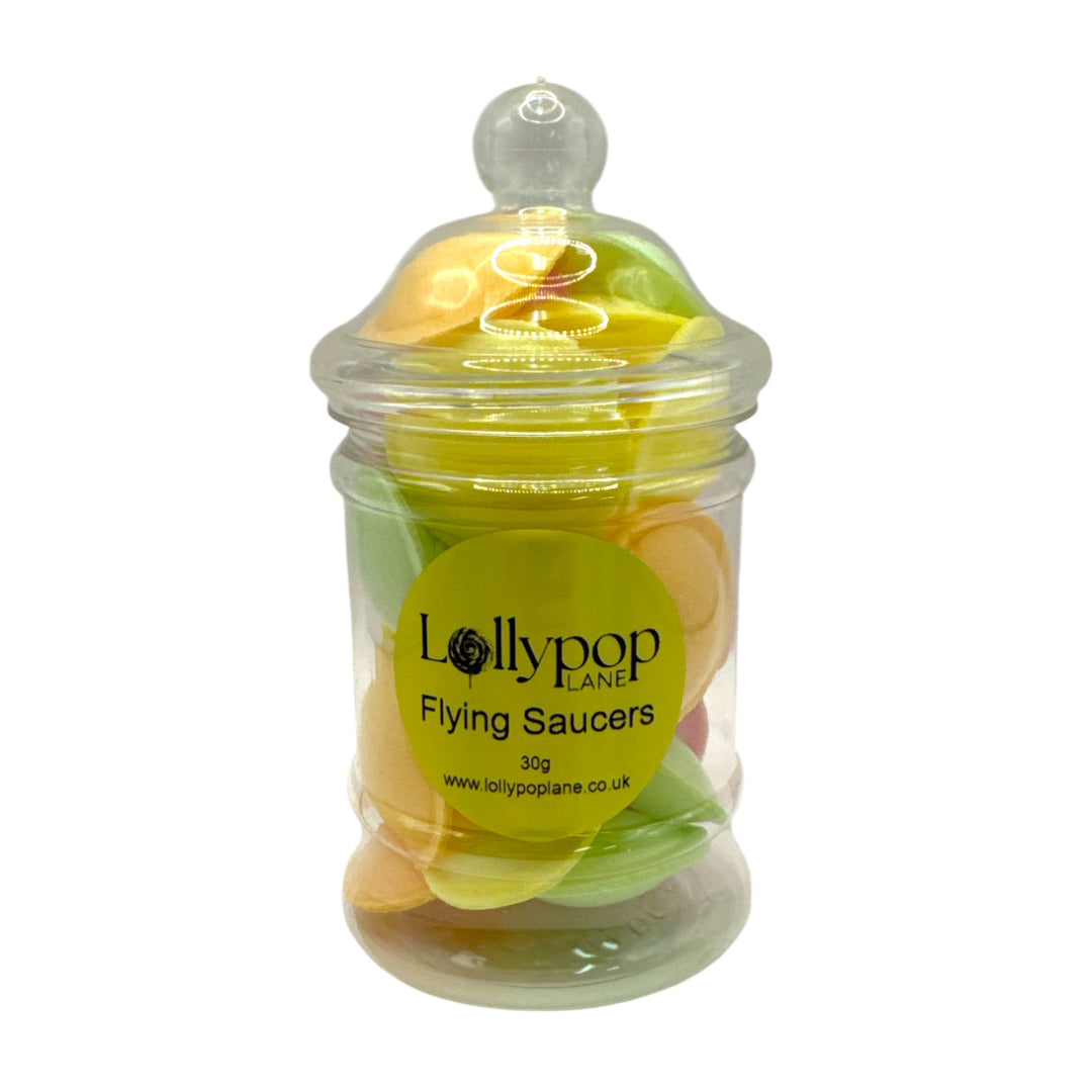 Jar of 'Flying Saucers' sherbet discs from Lollypop Lane on a white background