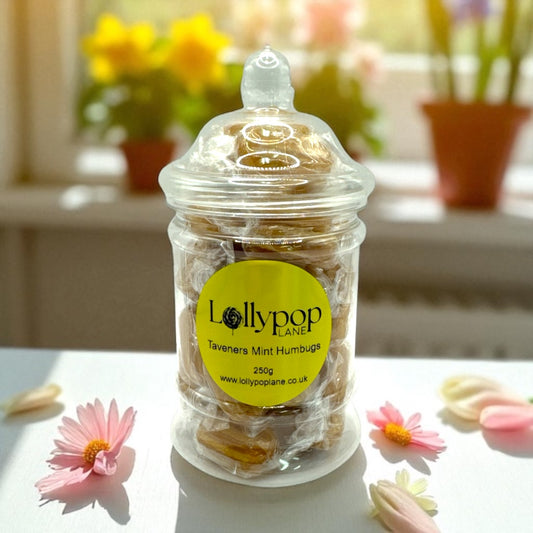 Taveners Mint Humbugs Victorian Jar 250g with personalised label