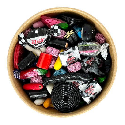 Lollypop Lane Liquorice Mix Sweets in a 500g Bowl with open lid exposing sweets
