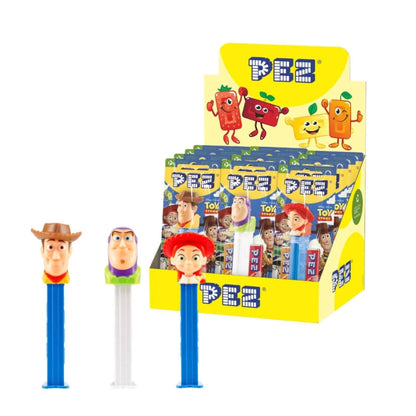 PEZ candy dispenser display with characters from Toy Story on a white background