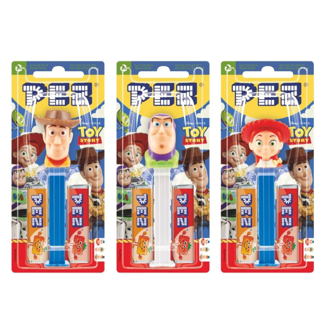 Three packages of PEZ dispensers featuring characters from Toy Story on a white background.