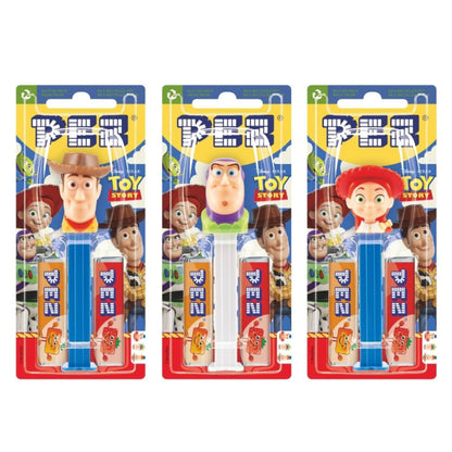 Three packages of PEZ dispensers featuring characters from Toy Story on a white background.