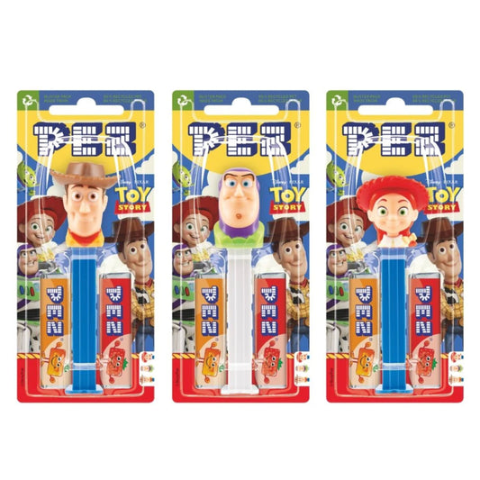 Three packages of PEZ dispensers featuring characters from Toy Story on a white background.