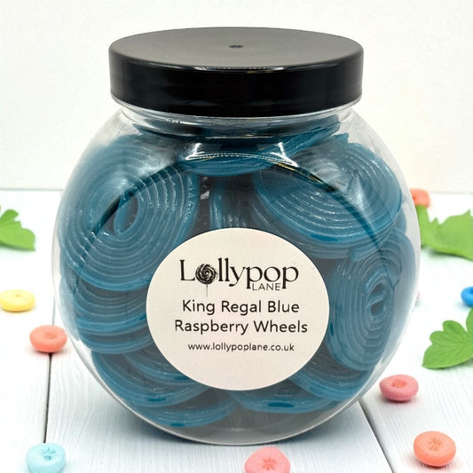 King Regal Blue Raspberry Liquorice Wheels Mini Sweet Jar 