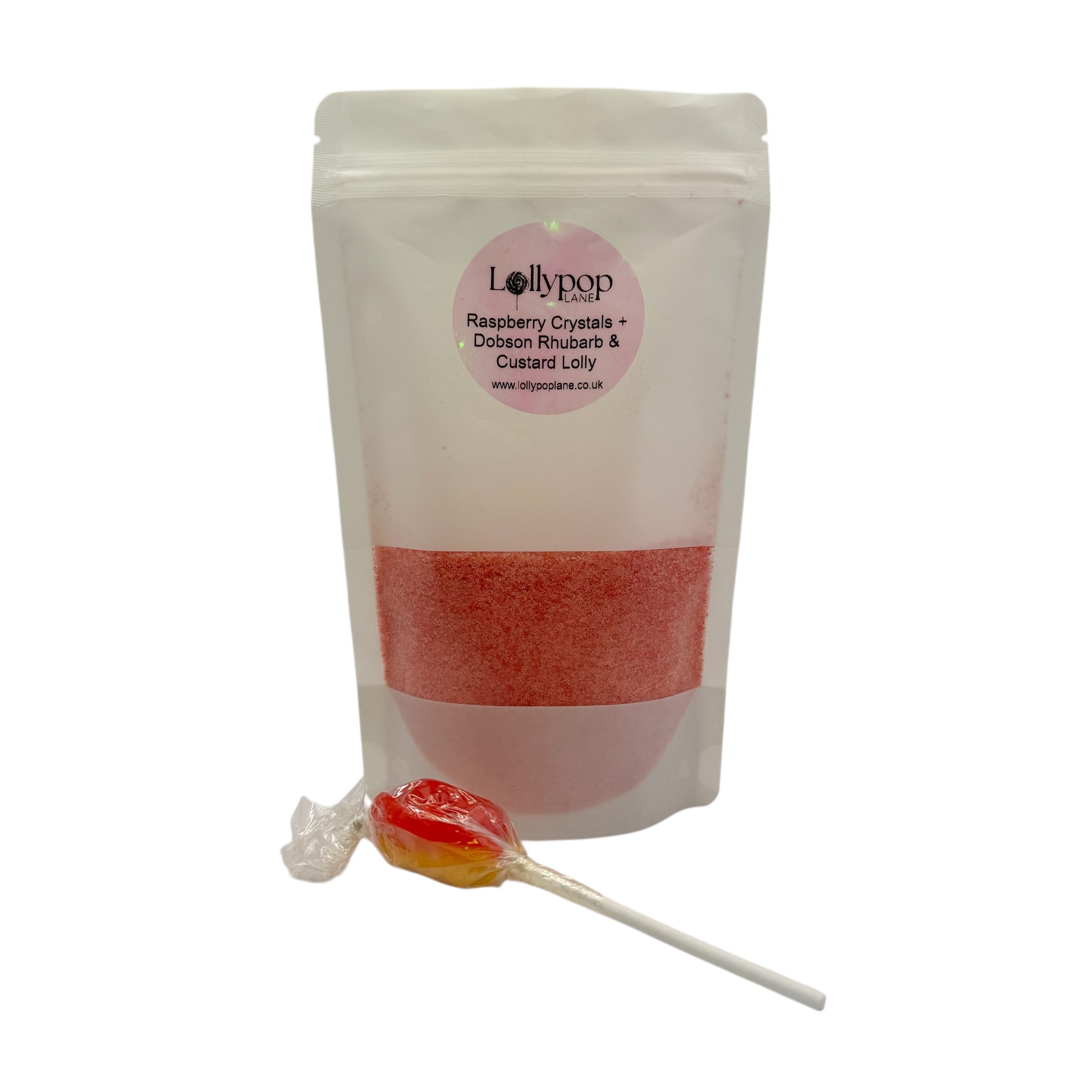 Raspberry Crystals + Dobson Rhubarb & Custard Lolly 150g