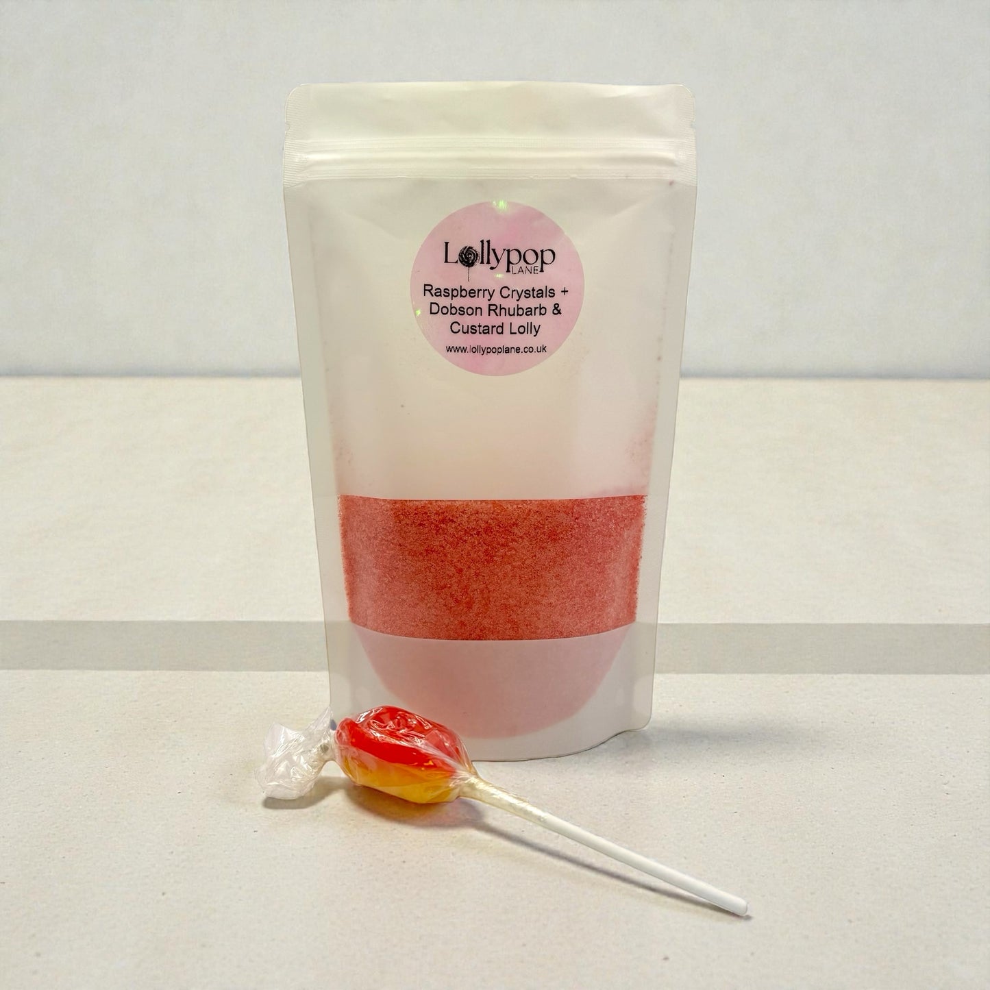 Raspberry Crystals + Dobson Rhubarb & Custard Lolly 150g