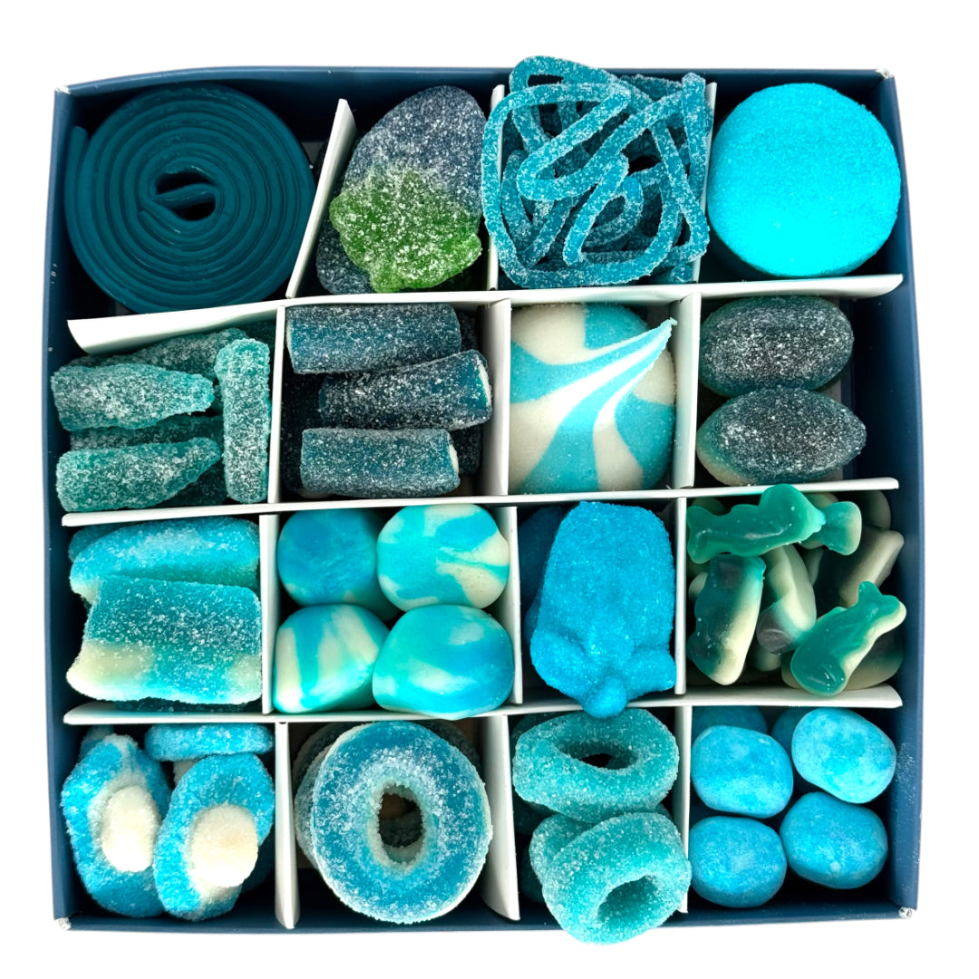 Pick n Mix Blue Sweets - Happy Birthday Gold Logo Gift Box 500g Open Box