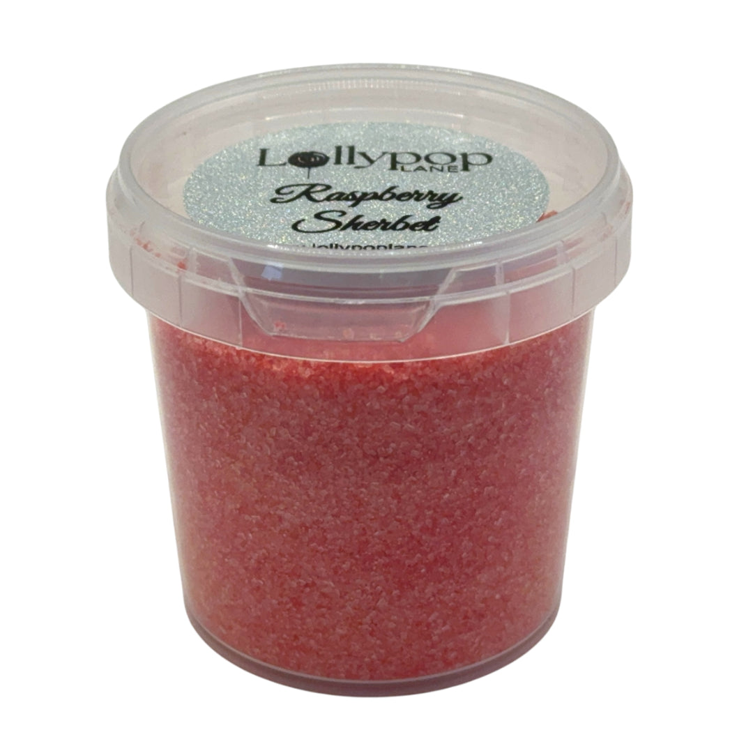 Container of raspberry sherbet with a clear lid on a white background