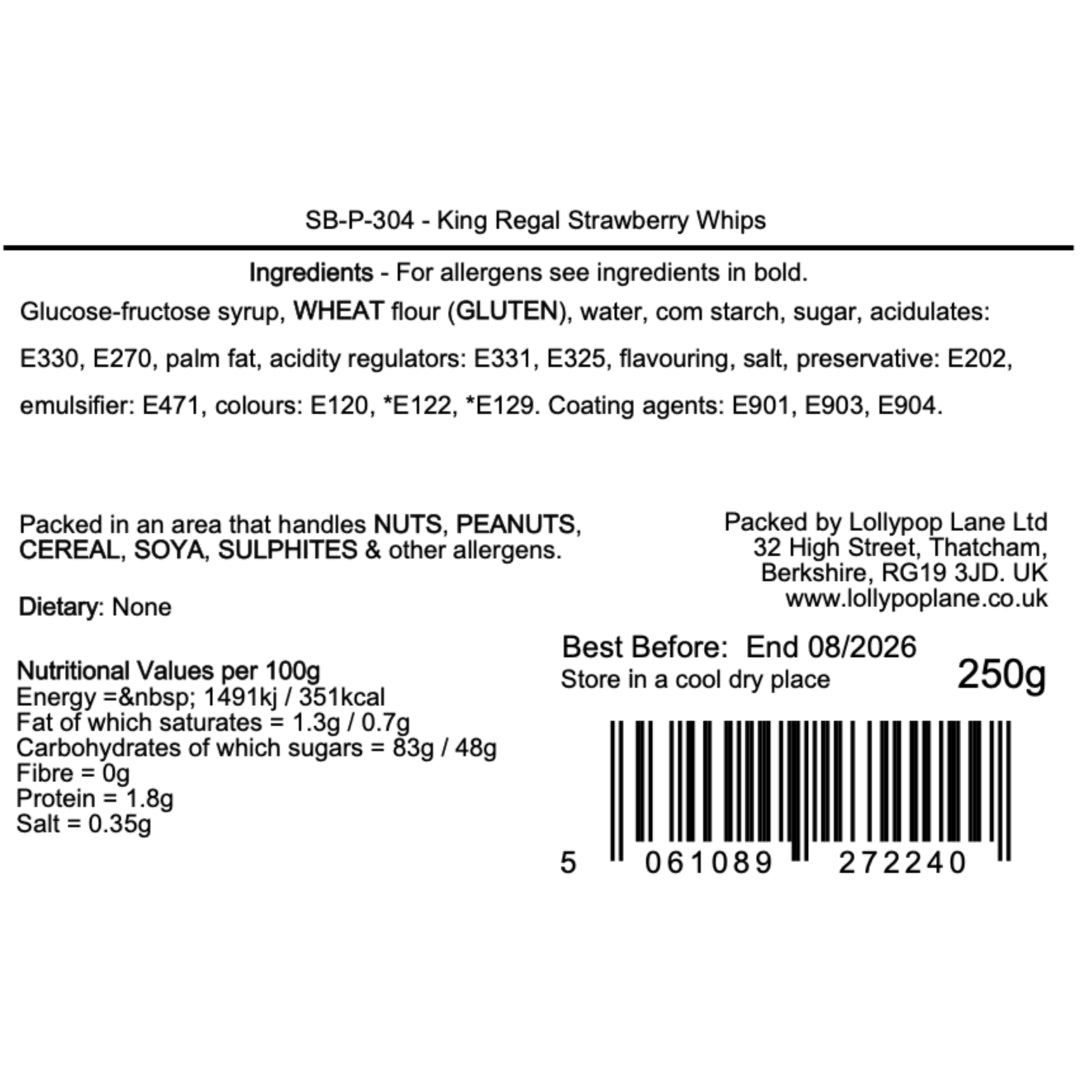 Product label with ingredients, nutritional information, and packaging details on a white background
