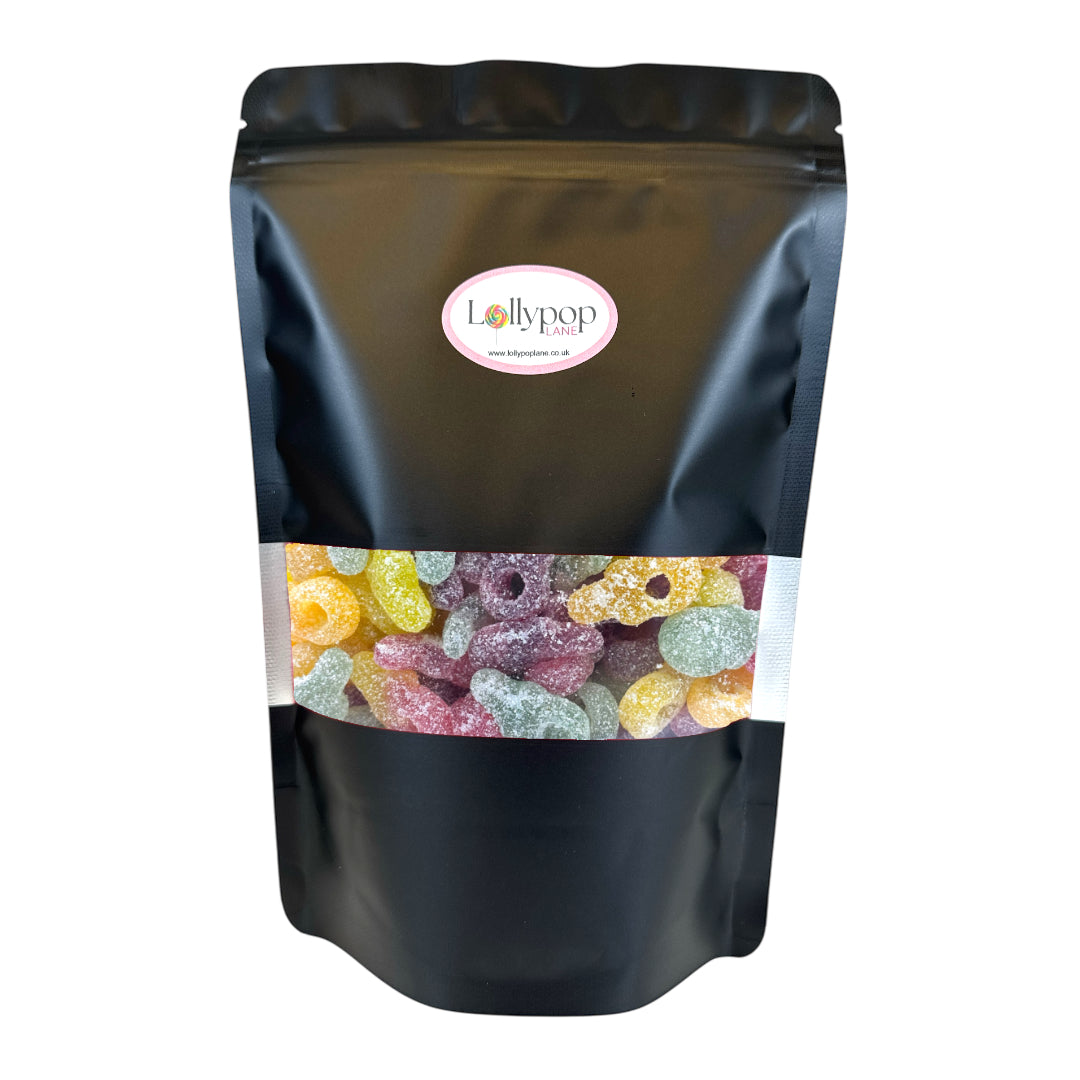 Lollypop Lane black food pouch filled with Candycrave Vegan Fizzy Dummies