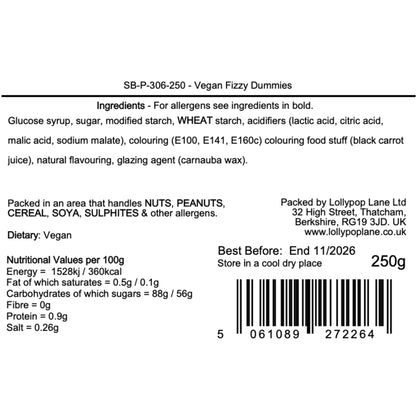 Candycrave Vegan Fizzy Dummies Product label with ingredients, nutritional information, and packaging details on a white background