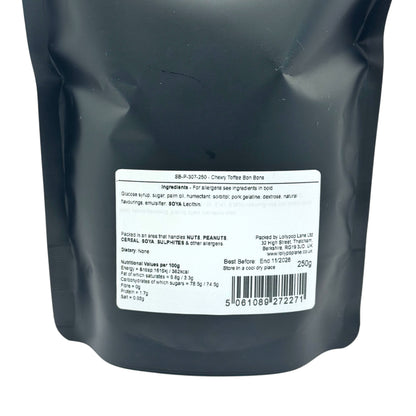 Rear view of a Lollypop Lane food pouch containing chewy toffee bon bons. it shows a label with ingredients.