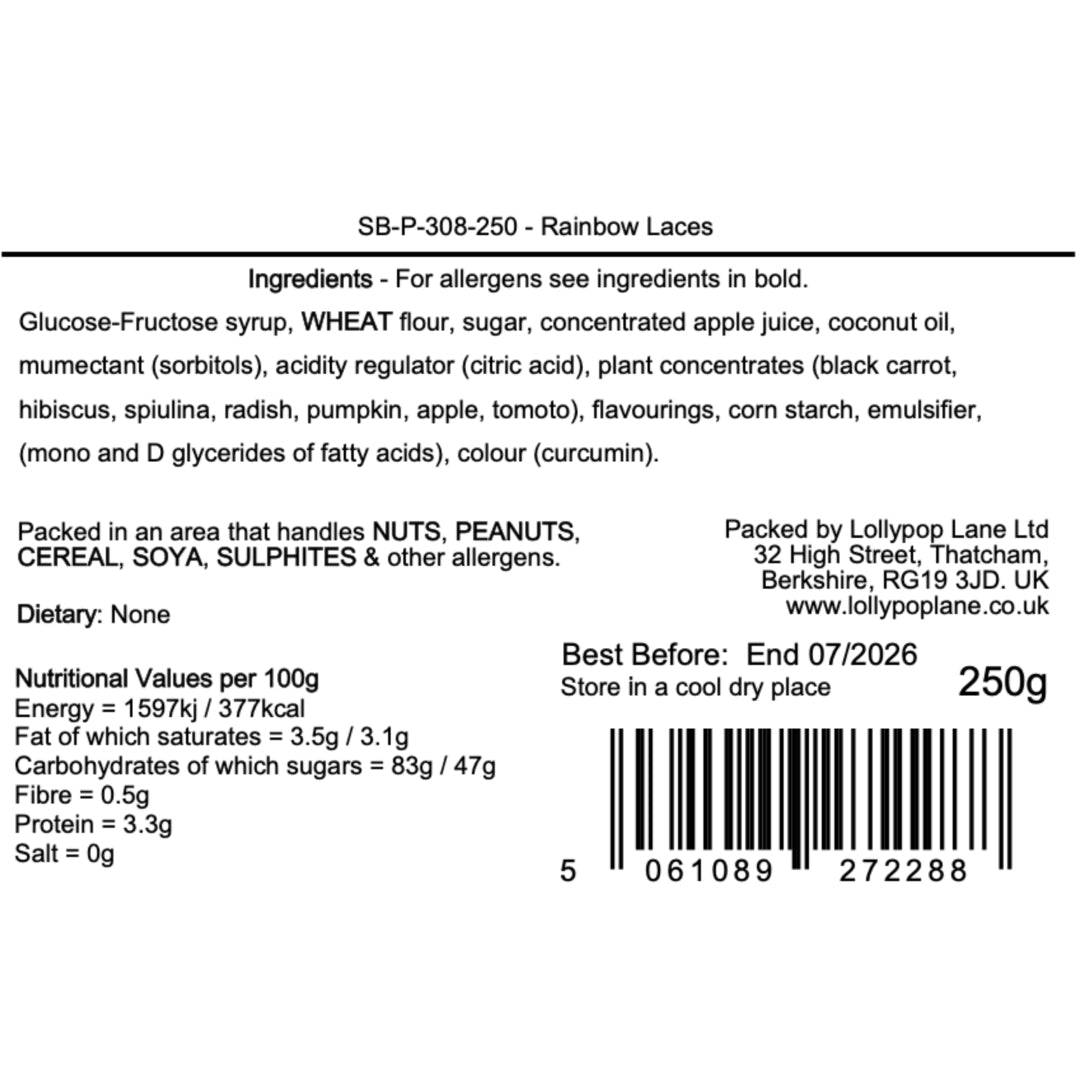 Lollypop Lane label with ingredients, nutritional information for rainbow laces sweets, and packaging details on a white background