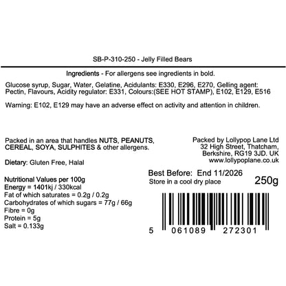Lollypop Lane ingredients label for Jelly Filled Bears