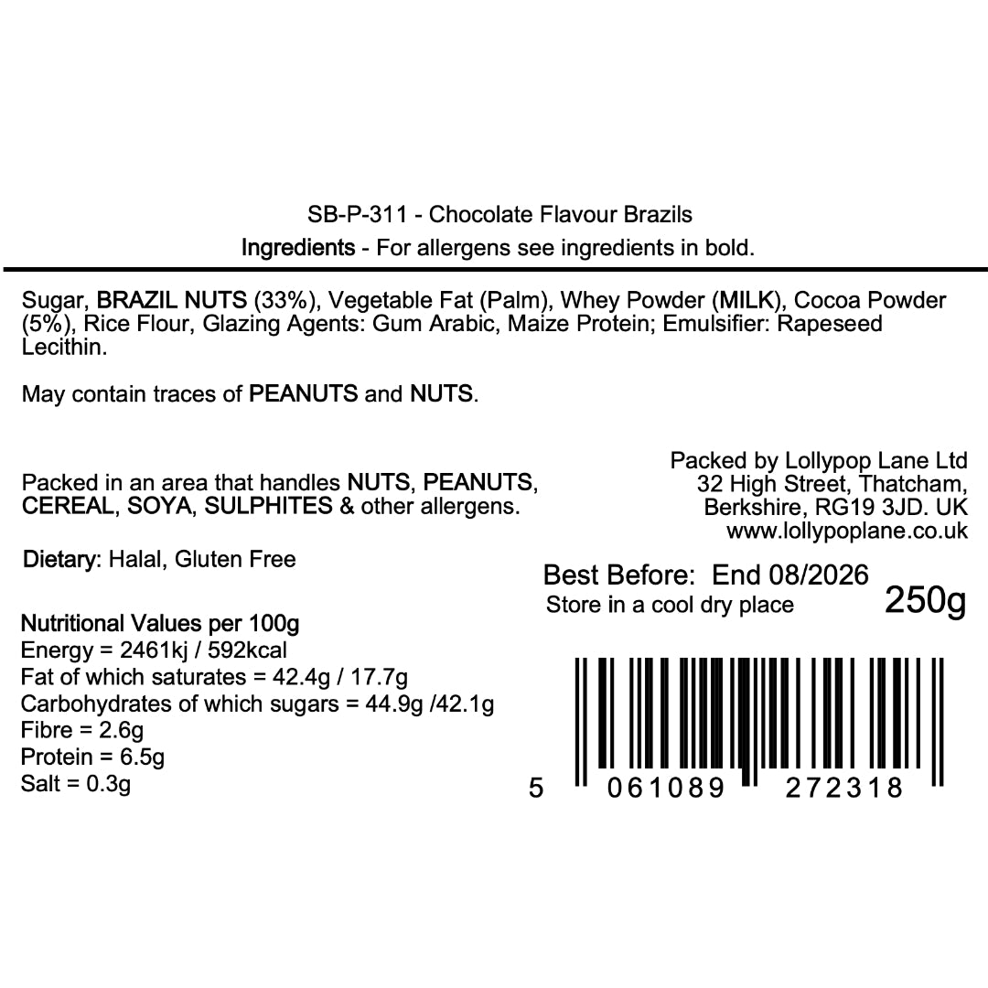 Label of chocolate flavor Brazil nuts with ingredients, nutritional information, and packaging details.