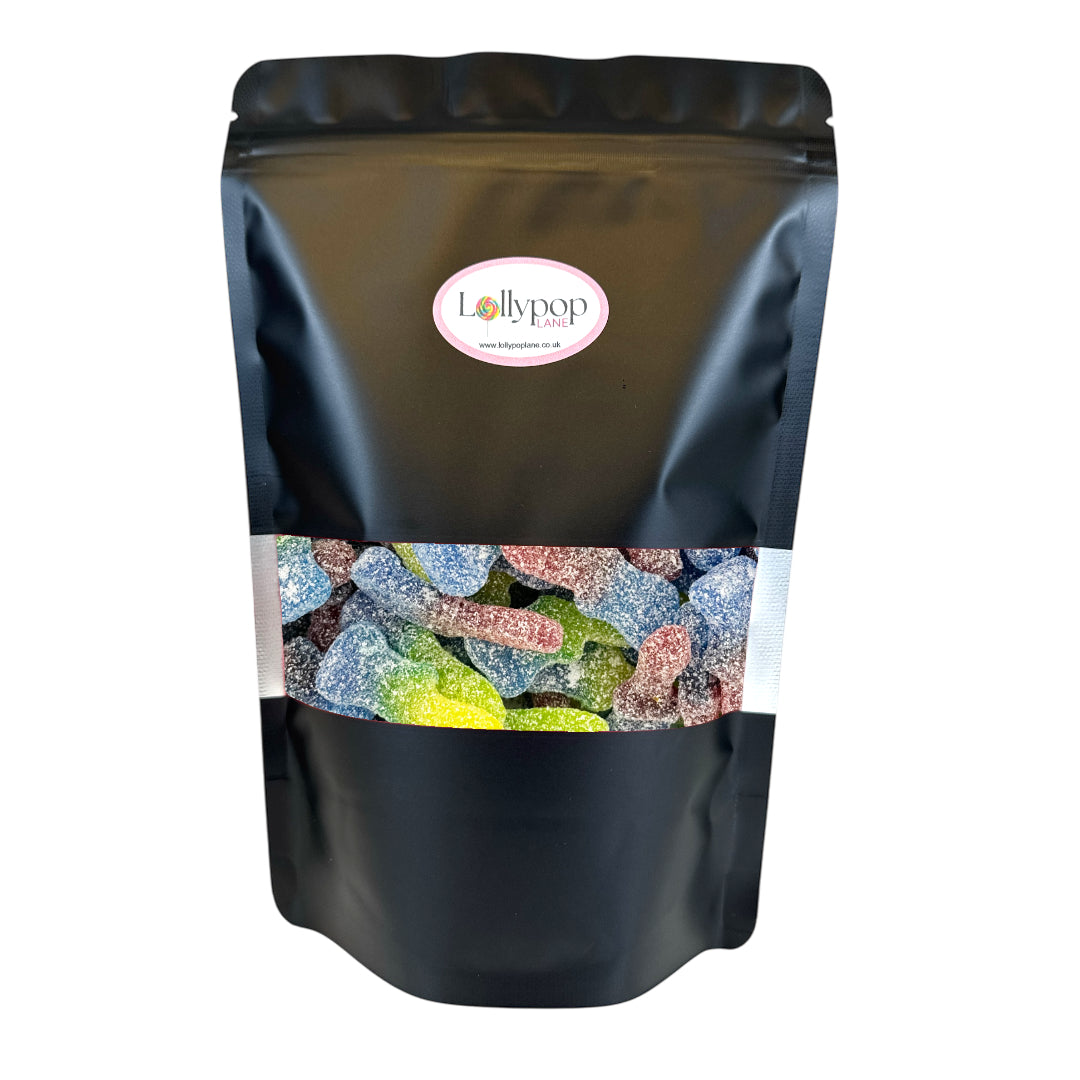 Black pouch with colorful gummy bears and Lollypop brand logo on a white background
