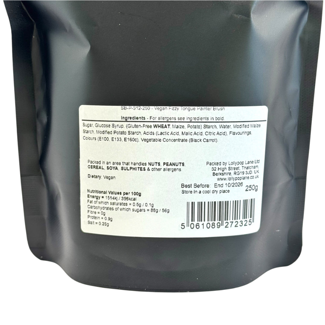 Back of a black packaging with a white label containing text and a barcode.