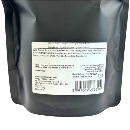 Back of a black packaging with a white label containing text and a barcode.
