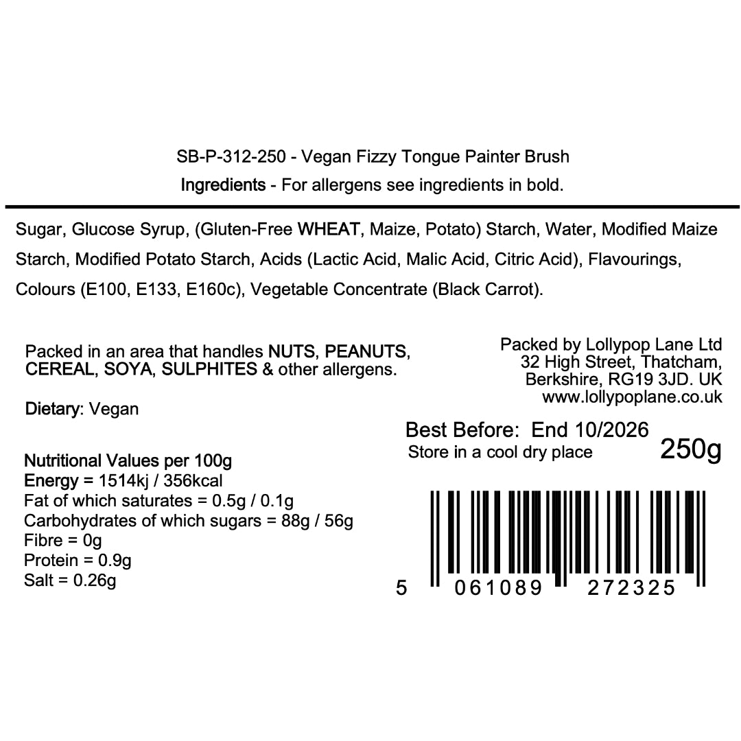 Label of Vegan Fizzy Tongue Painter Brush with ingredients, packaging details, and nutritional information.