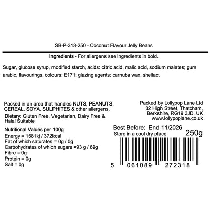 Coconut flavor jelly beans label with ingredients, allergen information, nutritional values, and packaging details.