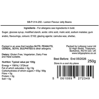 Lemon-flavored jelly beans label with ingredients, allergen information, and nutritional details.