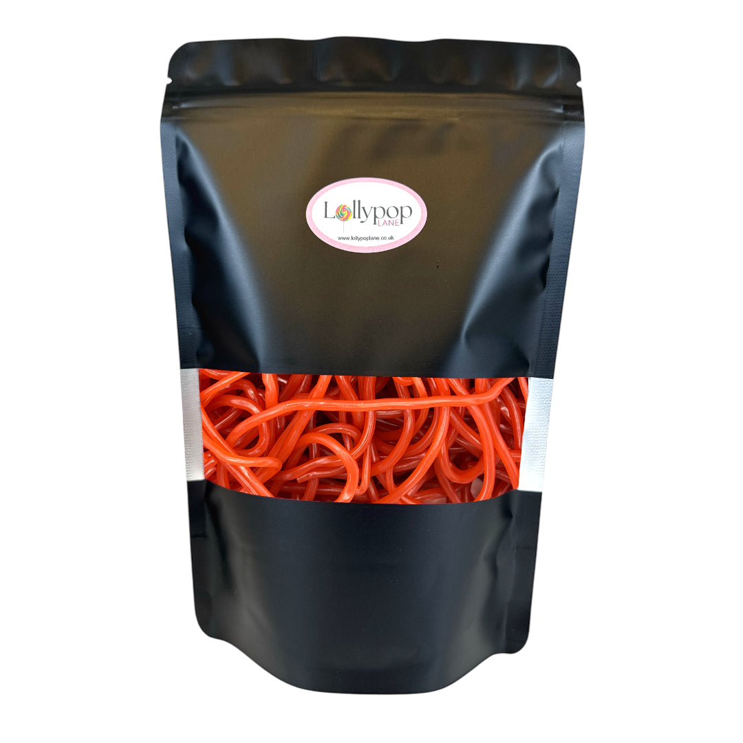 Lollypop Lane sweet pouch filled with strawberry laces.