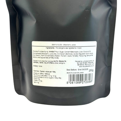 Lollypop Lane strawberry laces sweet pouch rear view of the ingredient and product information label.