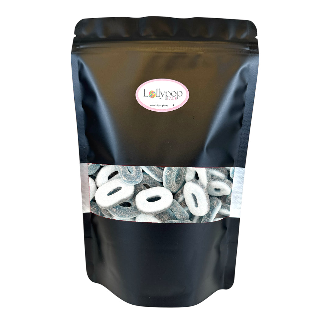 Lollypop Lane sweet pouch filled with fizzy blue ring sweets