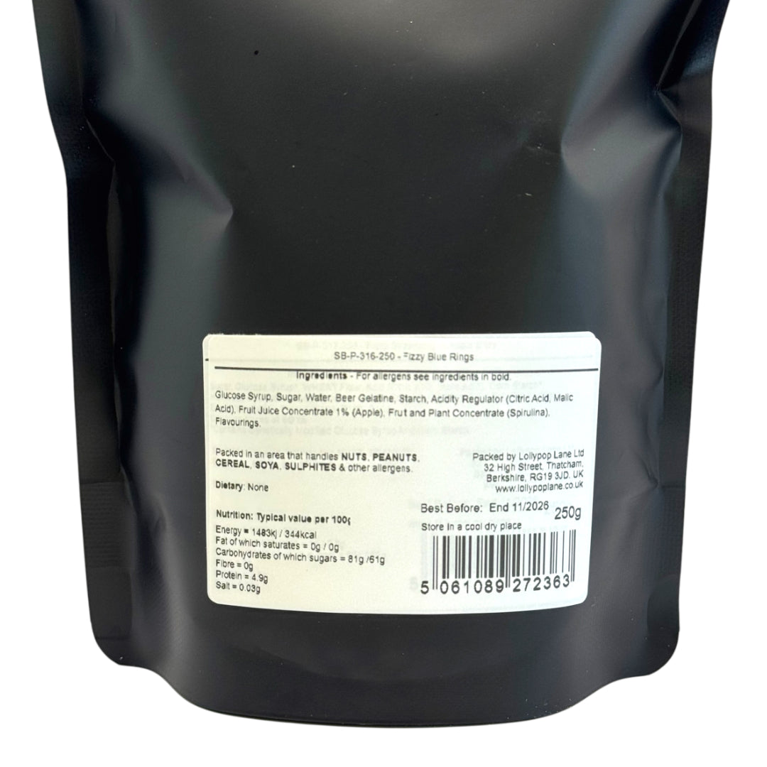 Lollypop Lane sweet pouch with a white label containing text and a barcode on a white background