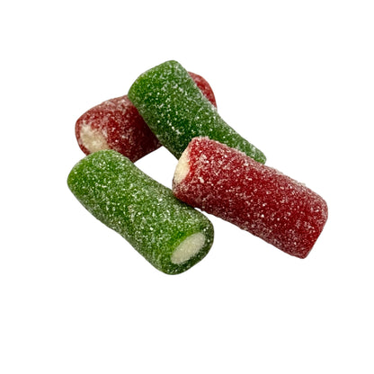 Four Fizzy Strawberry and Apple Bites on a white background.
