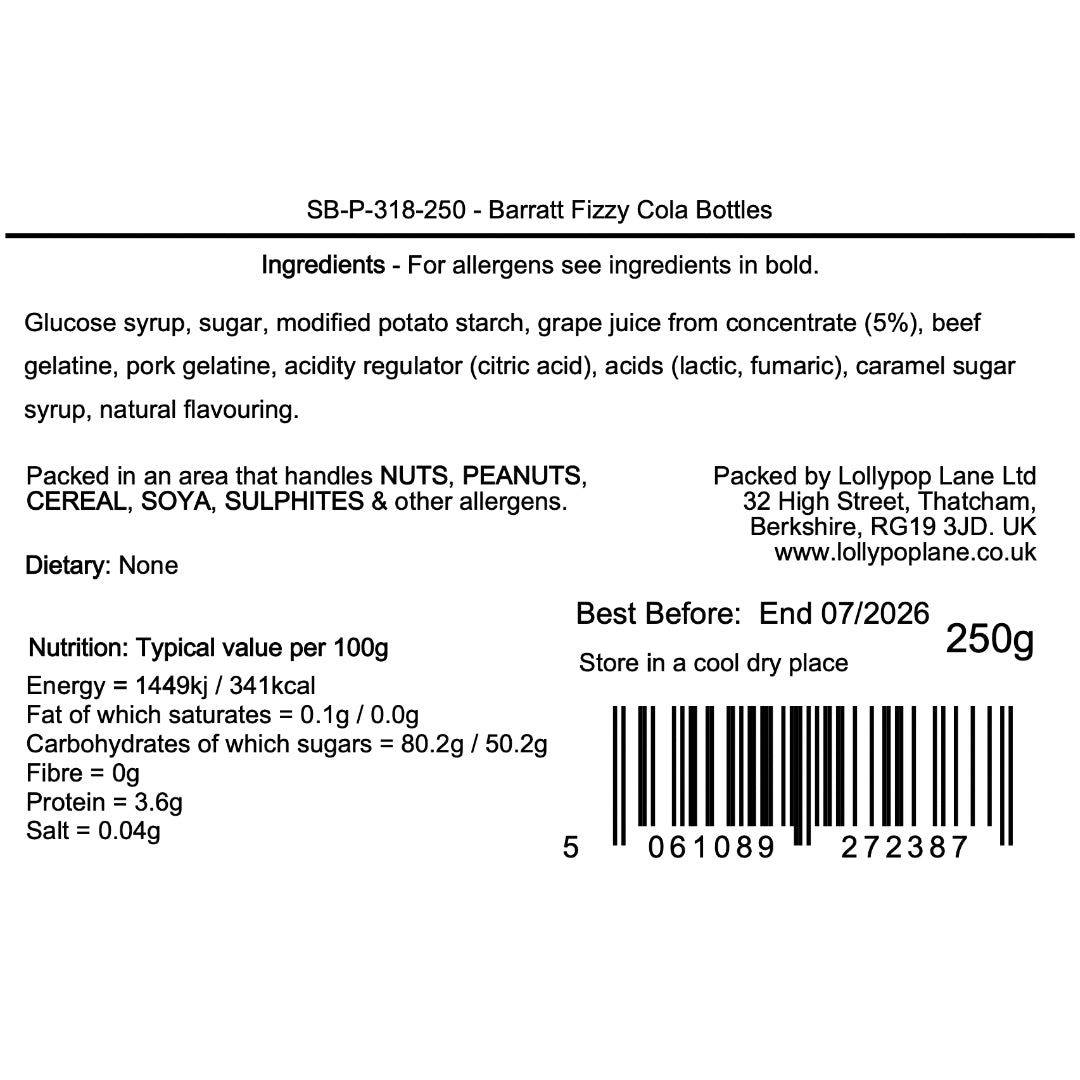 Barratt Fizzy Cola bottles label with ingredients, nutritional information, and contact details.