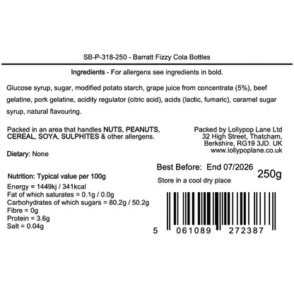 Barratt Fizzy Cola bottles label with ingredients, nutritional information, and contact details.