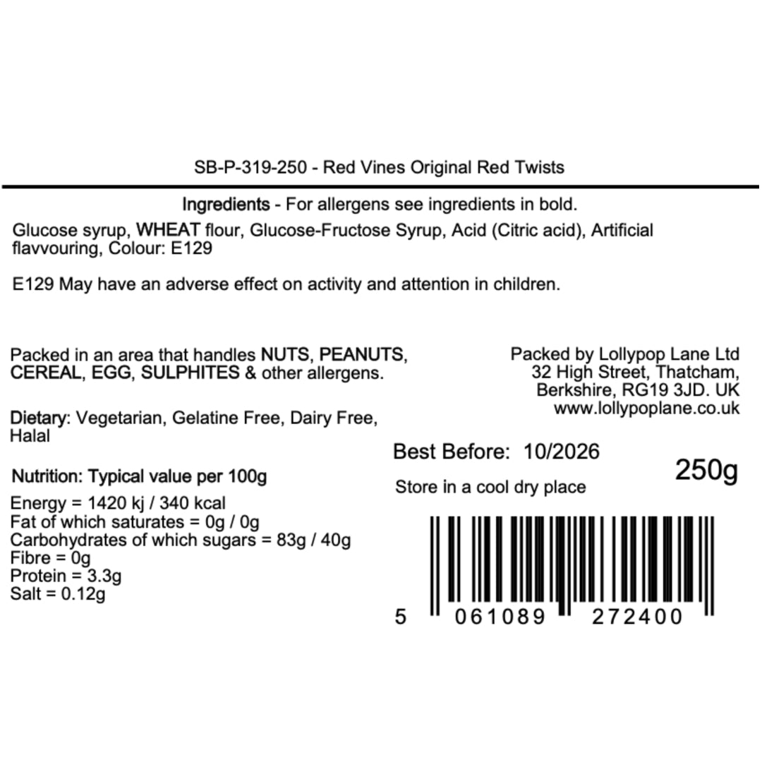 Ingredients label for Red Vines Original Red Twists