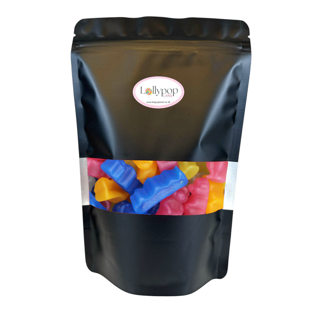 Lollypop Lane sweet pouch filled with Candycrave Meerkat Sweets. The pouch has a Lollypop Lane logo.
