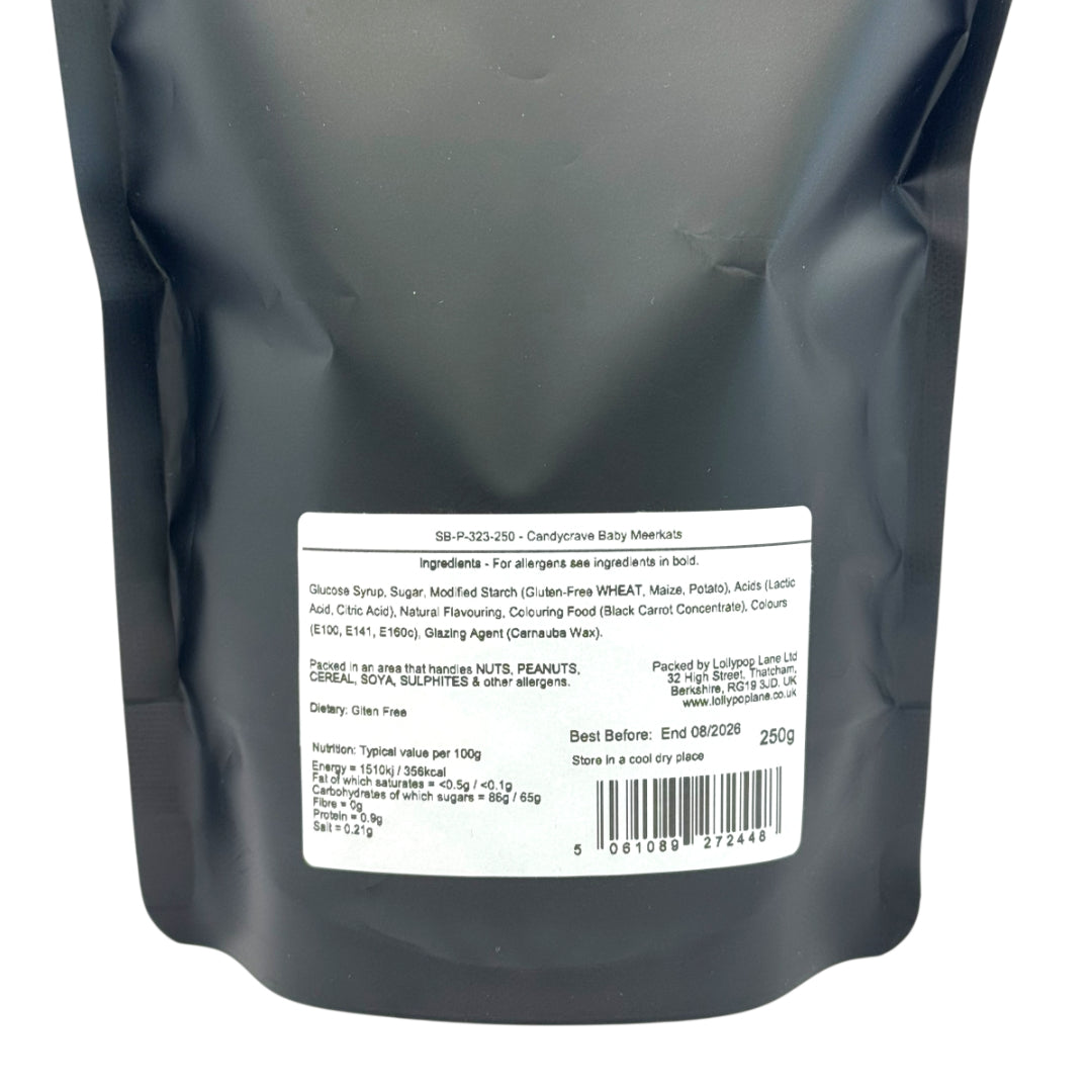 Back view of a Lollypop Lane sweet pouch with a white label displaying ingredients and allergen information.