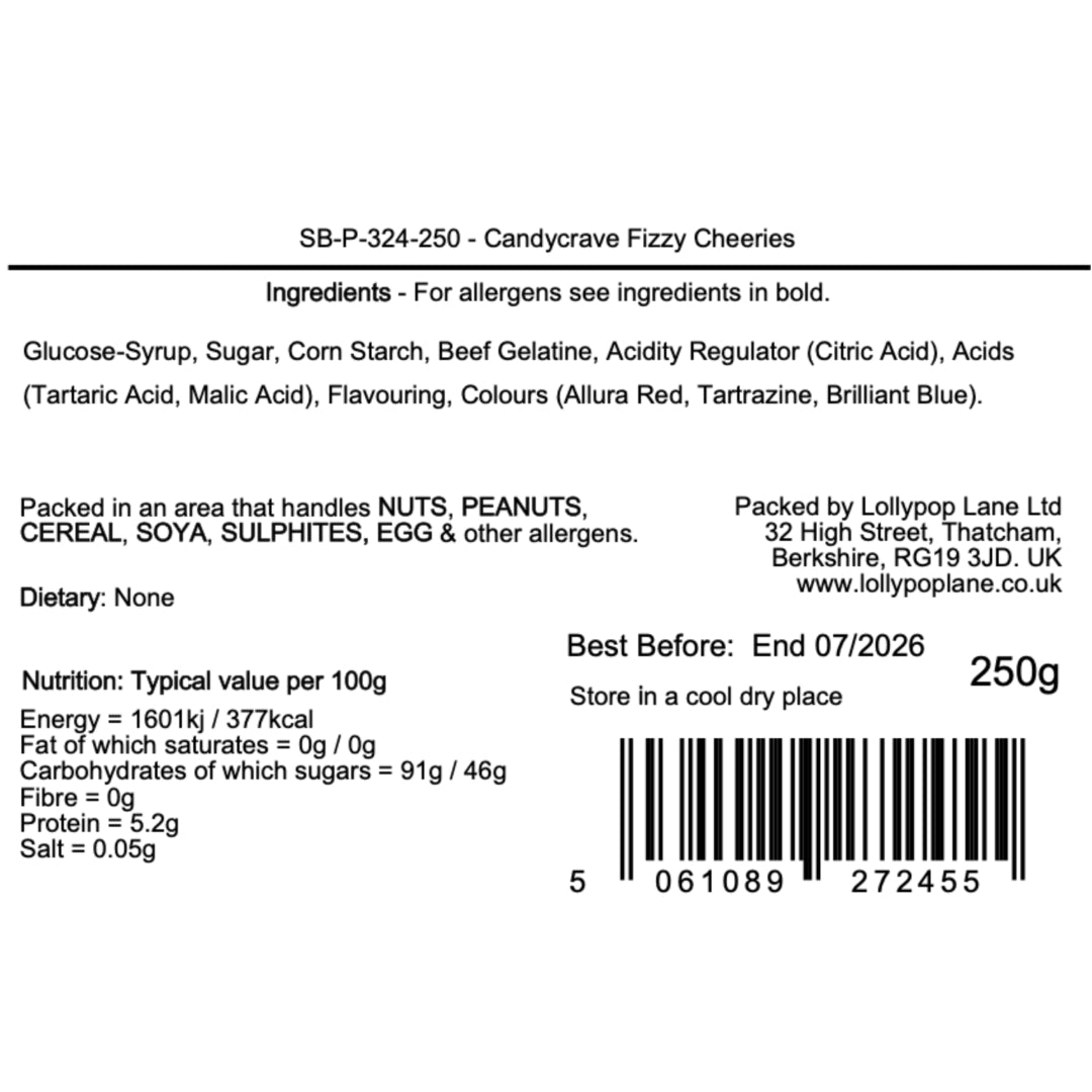 Lollypop Lane product label with ingredients, packaging information, and nutritional details on a white background.