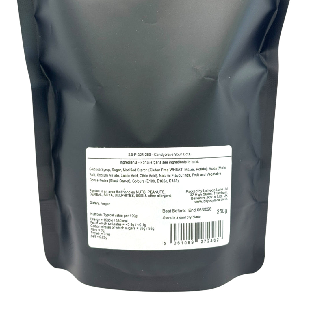 Back view of a Lollypop Lane sweet pouch with a white label displaying ingredients and allergen information