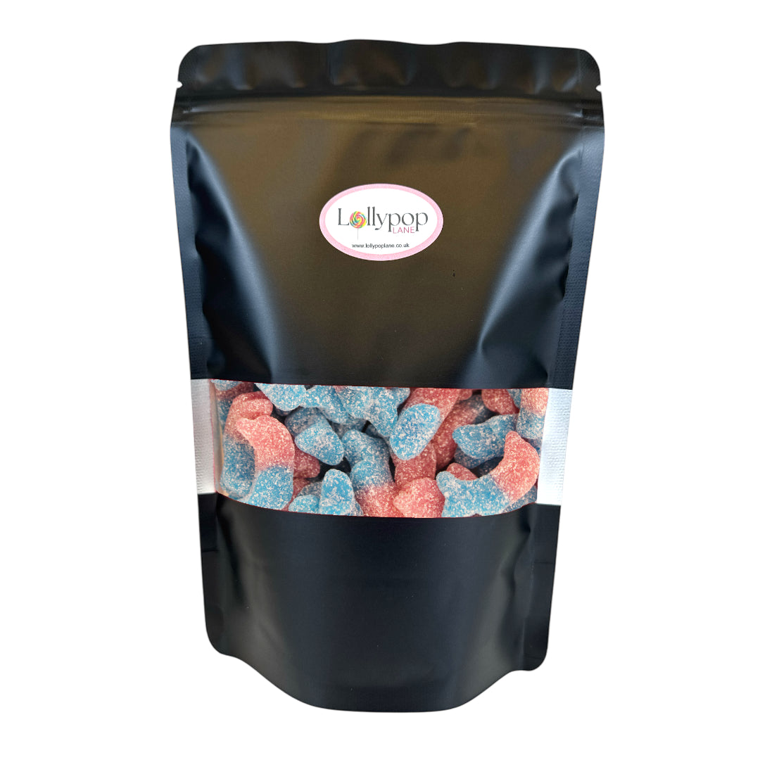 Lollypop Lane sweet pouch filled with Candycrave Vegan Fizzy Bubblegum Dolphins