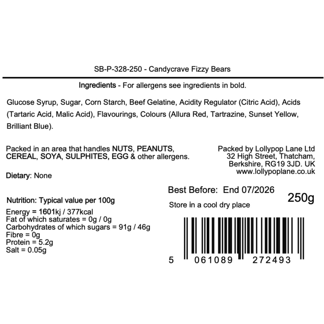 Lollypop Lane product label for Candycrave Fizzy Bears with ingredients, packaging information, and nutrition facts.