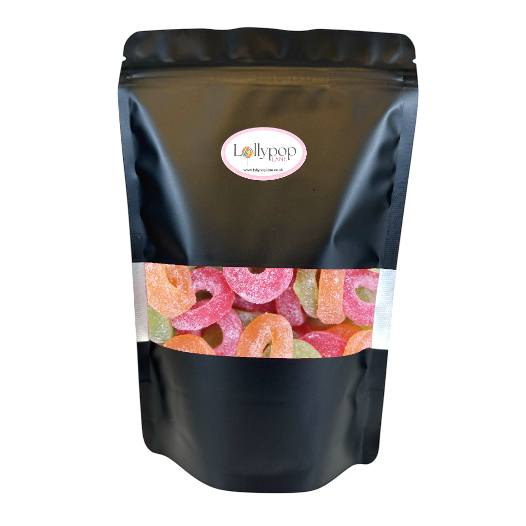 Lollypop Lane sweet pouch filled with Candycrave Fizzy Assorted Rings