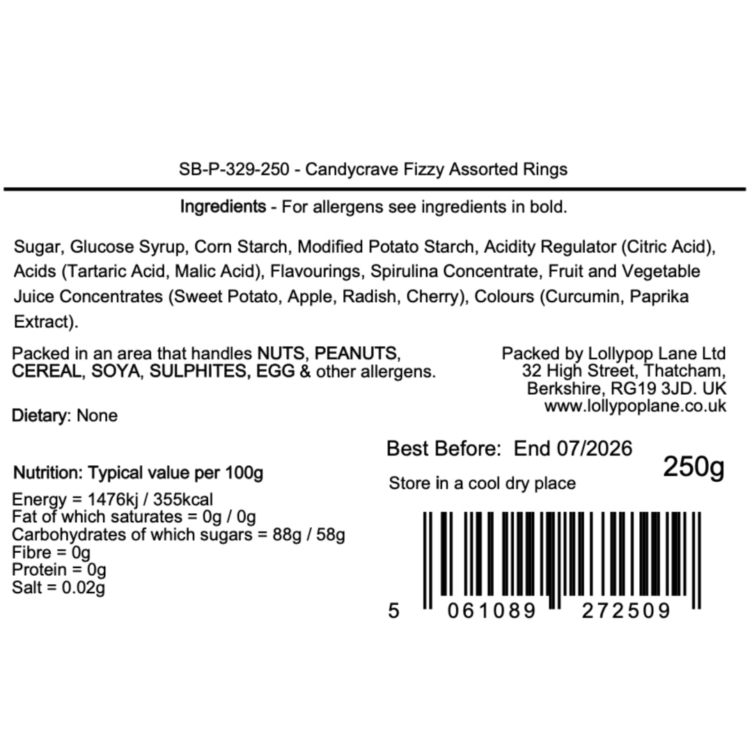 Lollypop Lane product label with ingredients, packing details, and nutrition information for Candycrave Fizzy Assorted Rings