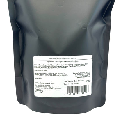 Lollypop Lane sweet pouch with a white label displaying text and a barcode for Candycrave Jelly Worms