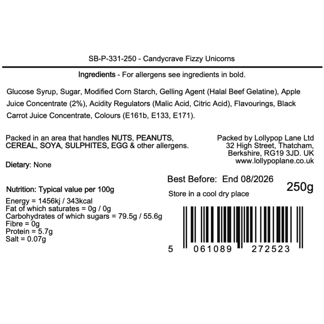 Lollypop Lane Ltd product label with ingredients, nutritional information, and barcode for Candycrave Fizzy Unicorns